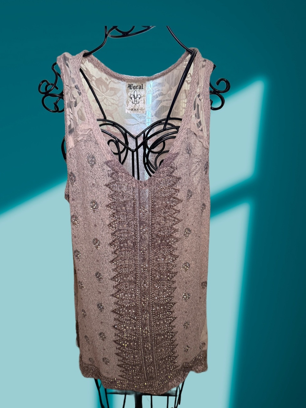 Vocal Vintage Y2K Boho Tank Lace Panel Beaded Festival Top
